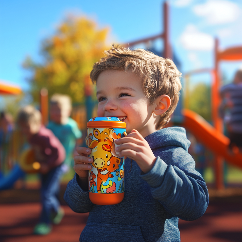 Happy child drinking from colorful thermos at playground.