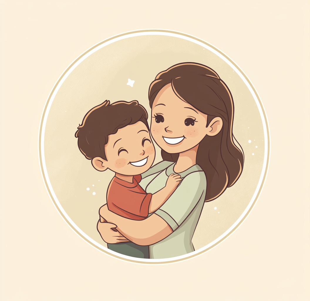 Happy child hugs smiling mom in cute cartoon.