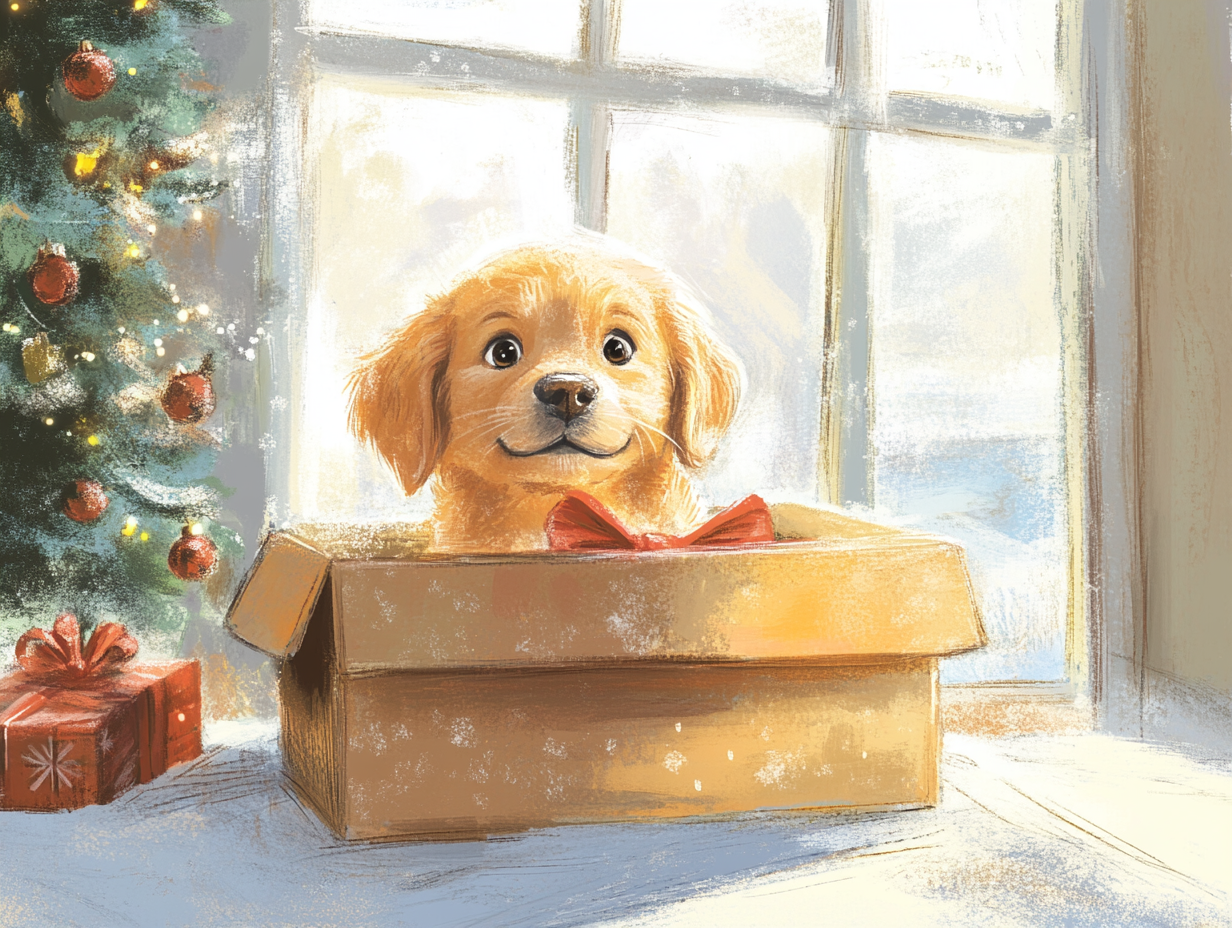 Happy child receiving Golden Retriever puppy on Christmas morning.