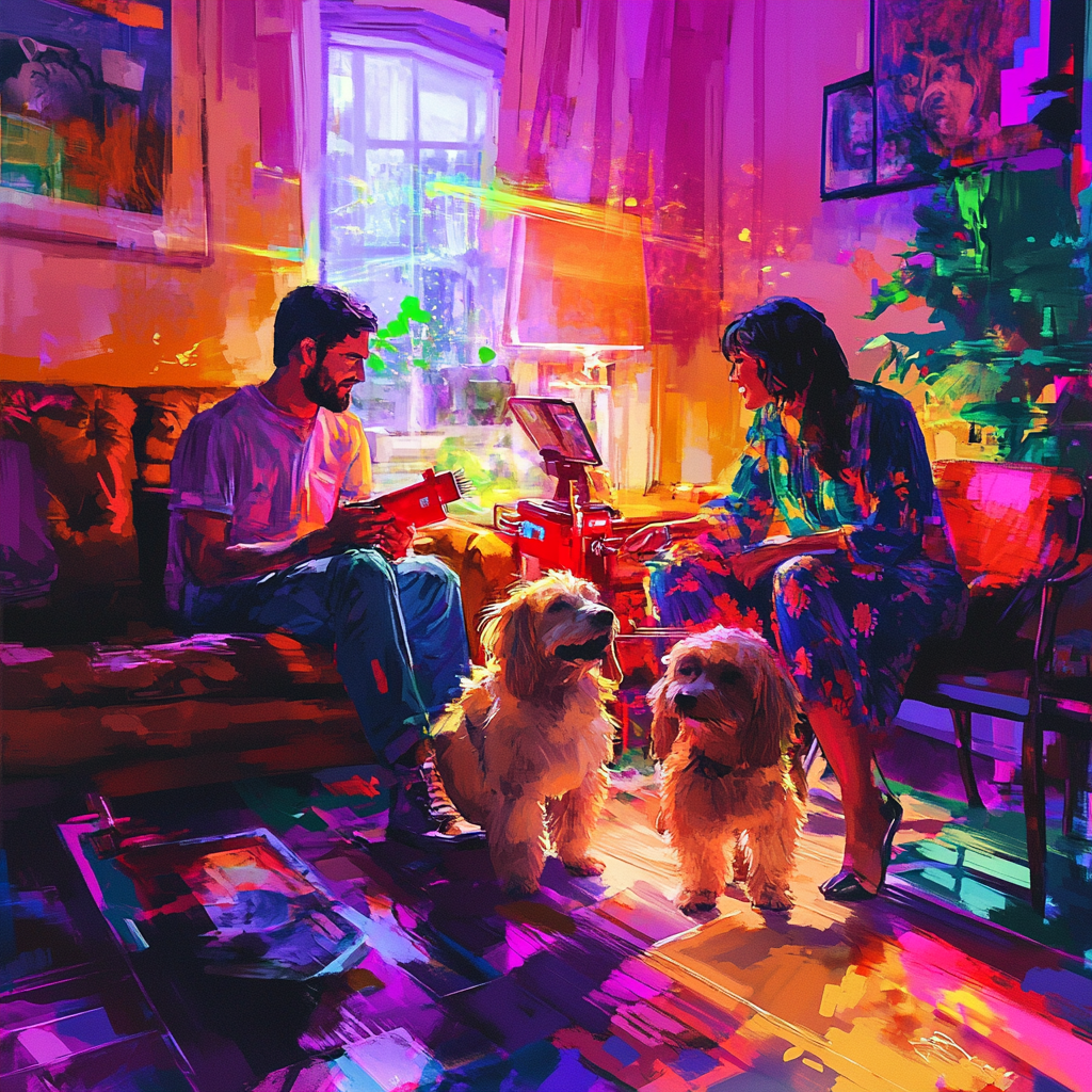 Happy couple grooming two dogs in colorful living room