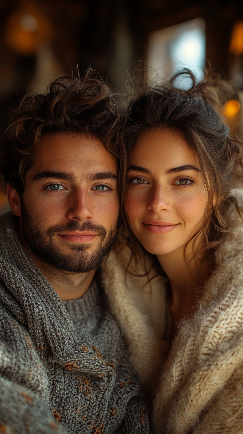 Happy couple sharing moment in warmly lit room