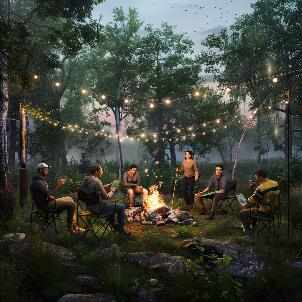 Happy coworkers playing games near campfire in forest