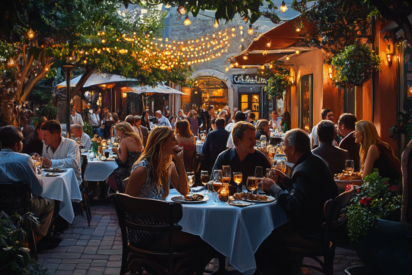 Happy diners enjoy outdoor restaurant ambiance warmly