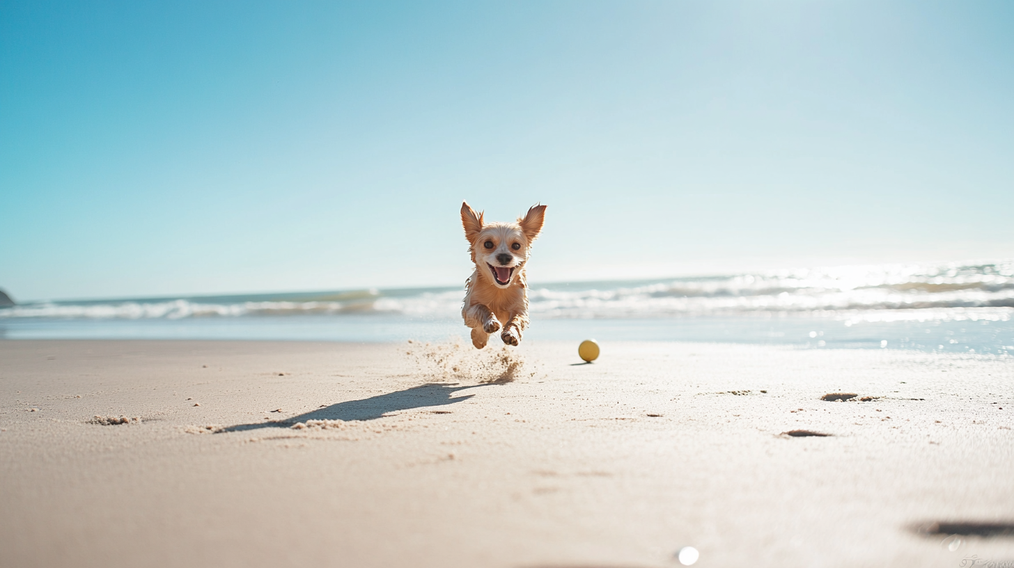 Happy dog playing on sunny beach with ball.