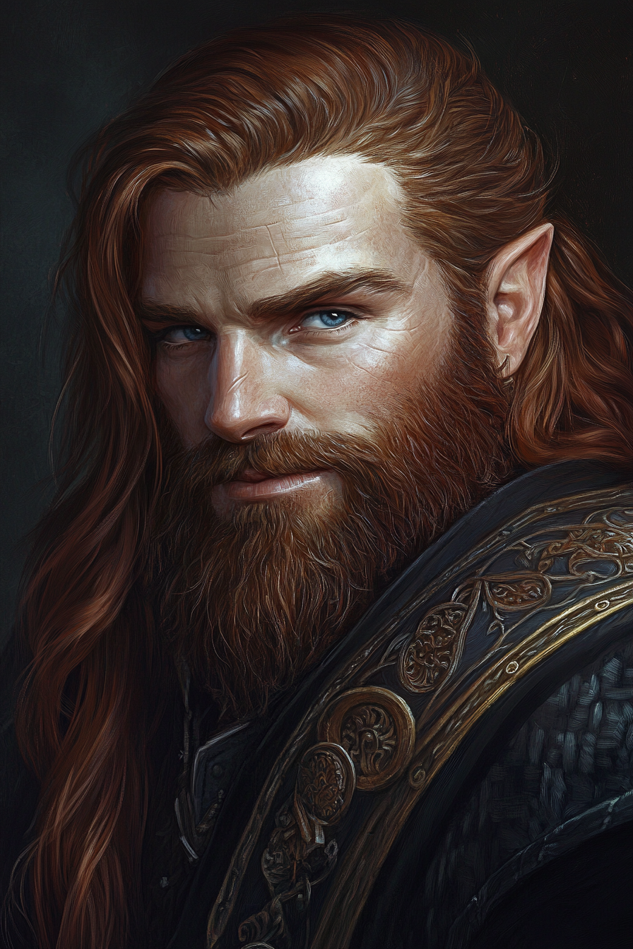 Happy dwarf with auburn hair in dark robes portrait.