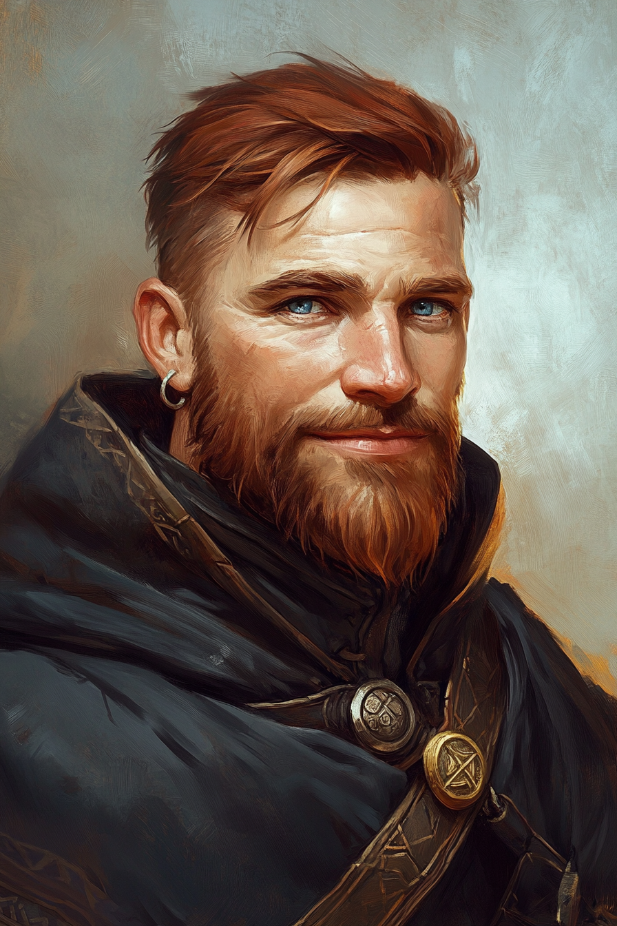 Happy dwarven male with auburn hair, blue eyes, in robes.