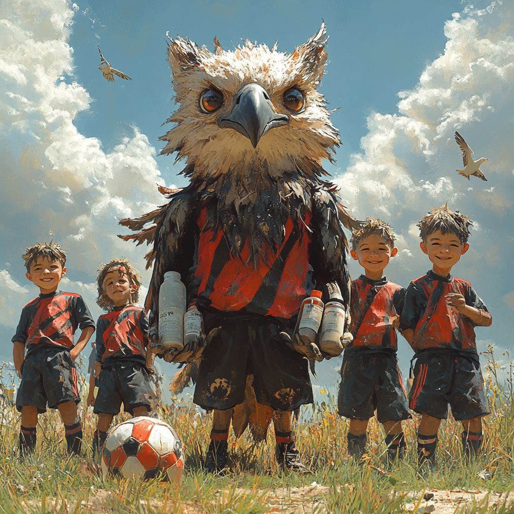 Happy eagle-headed wolf soaring above boys with training products.