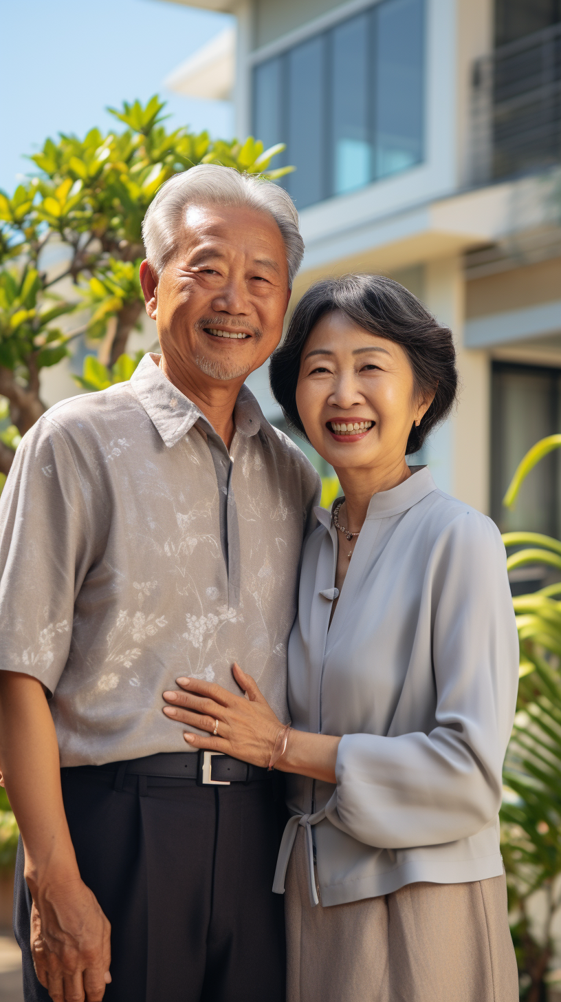 Happy elderly Asian couple in front of building.