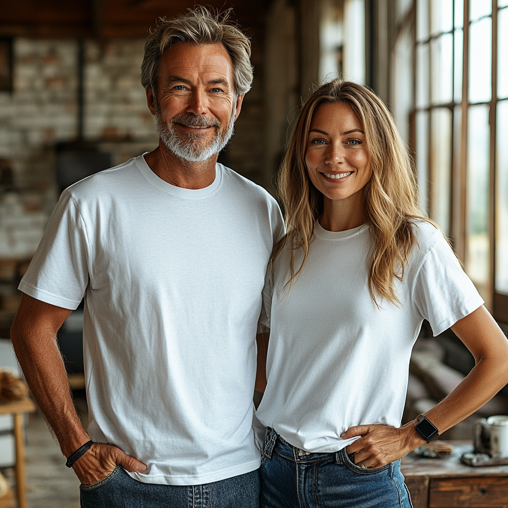 Happy elderly couple in simple white t-shirts smiling.