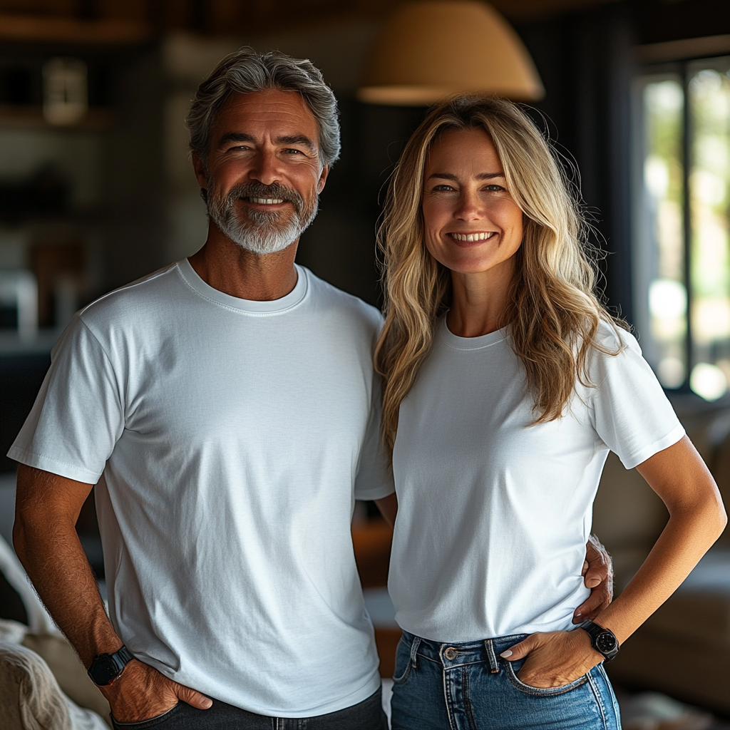 Happy elderly couple in white shirts, smiling together.