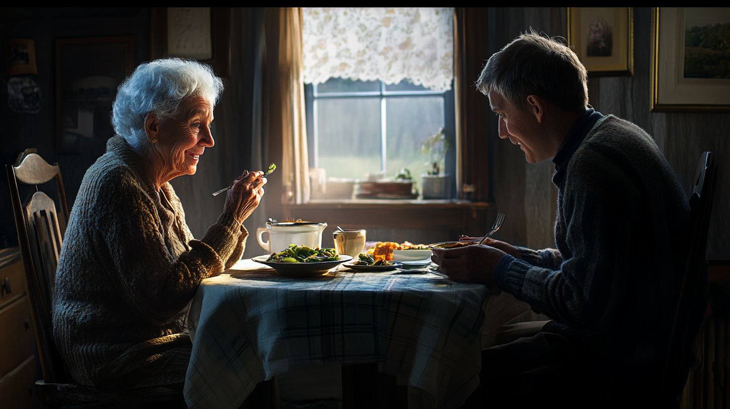 Happy elderly lady and son eating lunch together