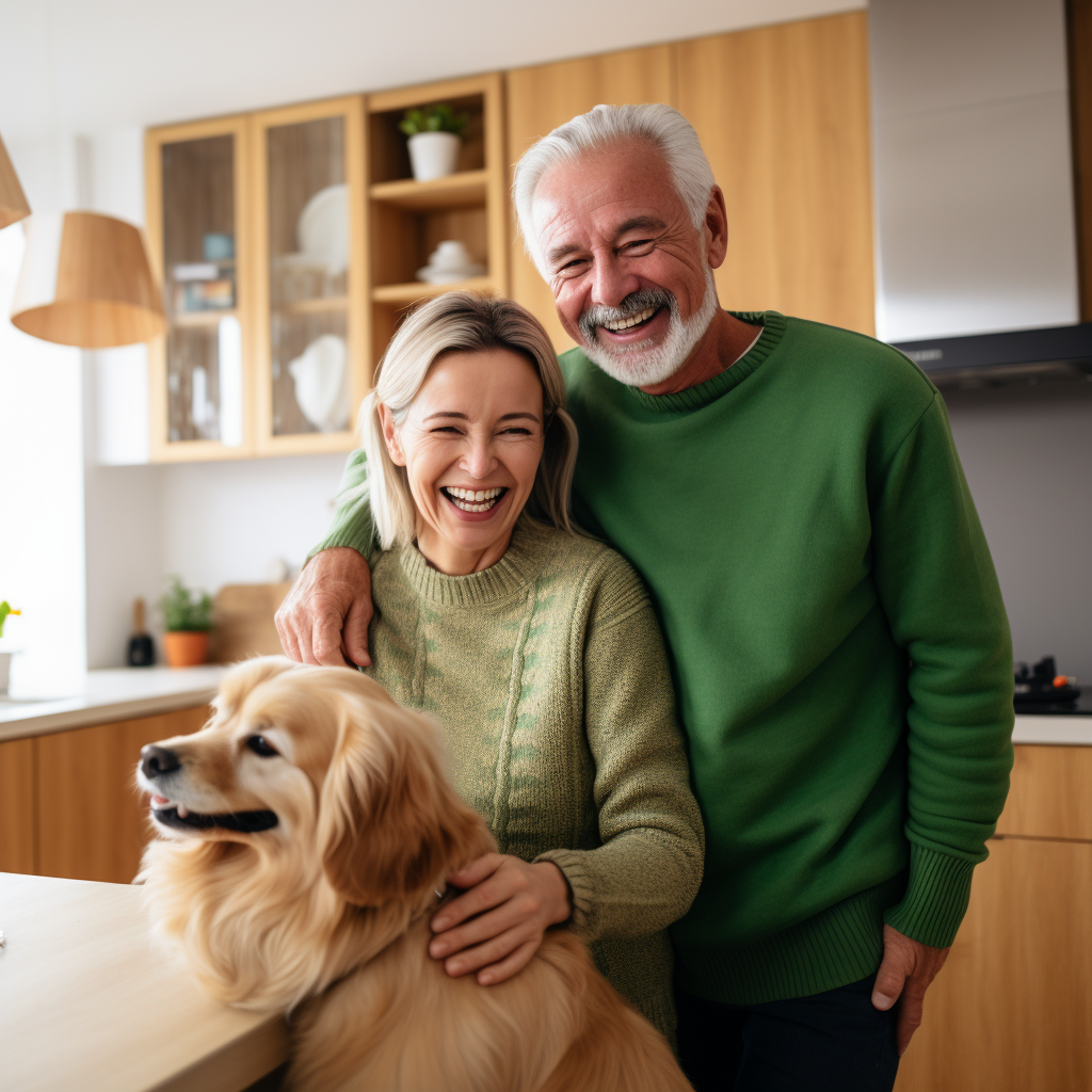 Happy elderly man & young woman with dog in kitchen