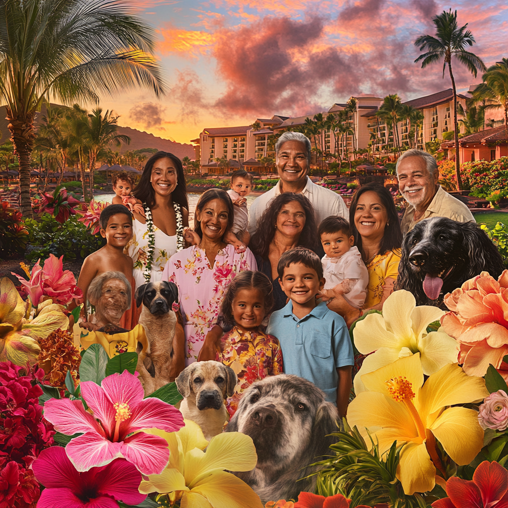 Happy families and pets on vacation in Hawaii