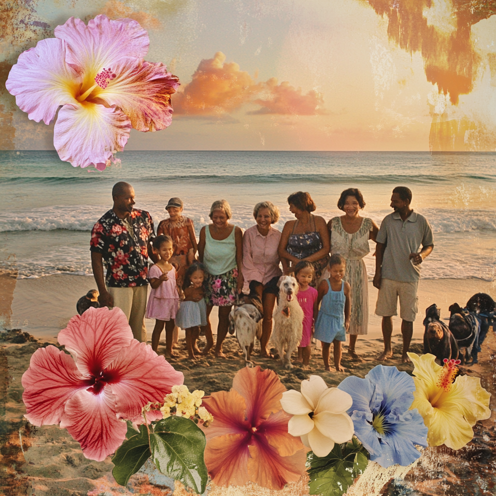 Happy family at Hawaiian beach with pets and flowers