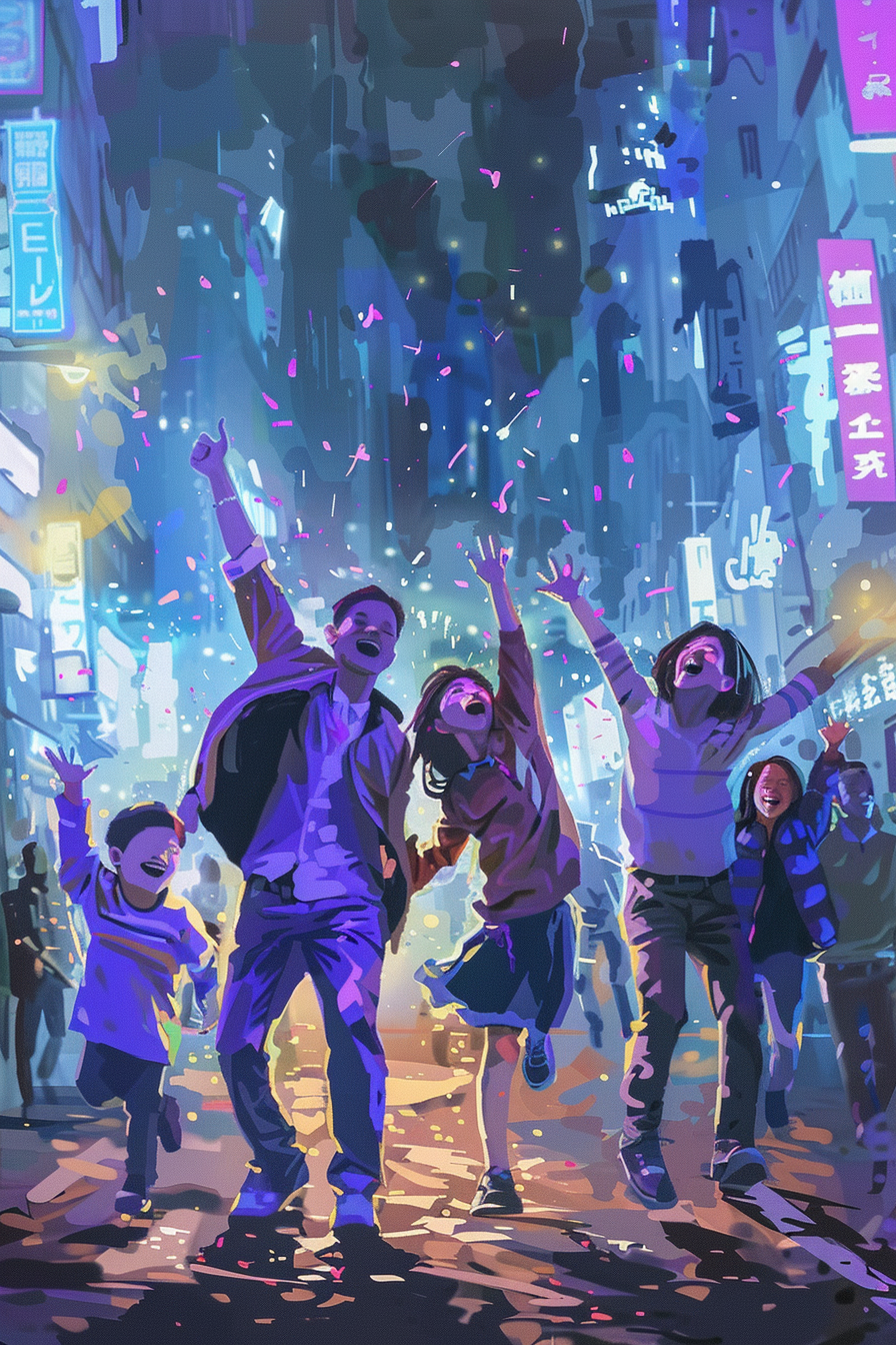 Happy family cartoon dancing in cyberpunk city 