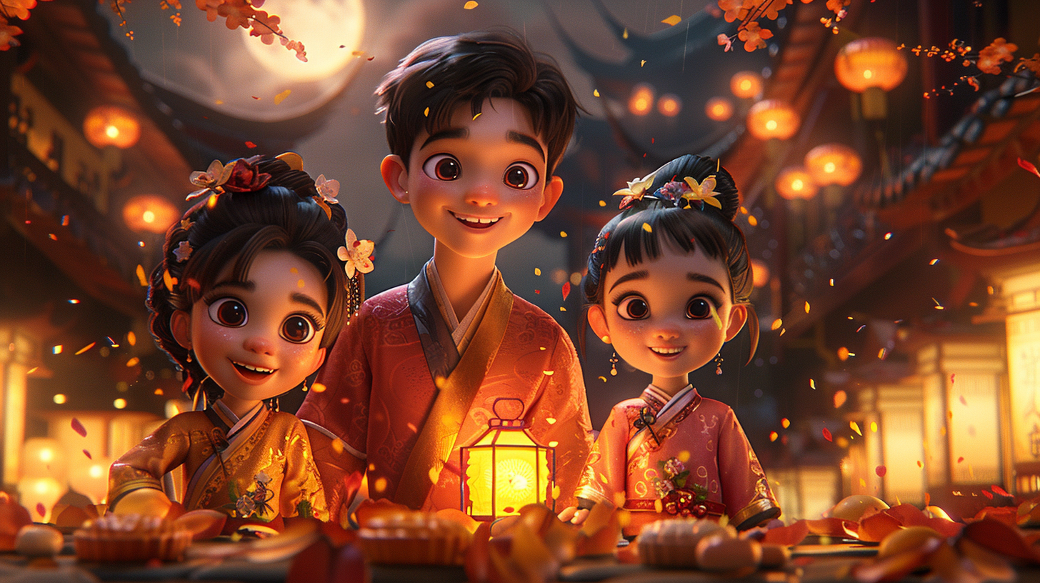 Happy family celebrating Mid-Autumn Festival with colorful lanterns