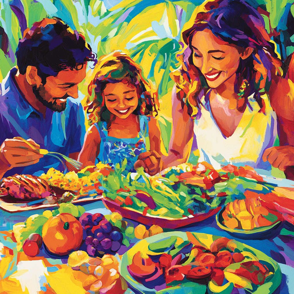 Happy family eats fresh, colorful meal together.