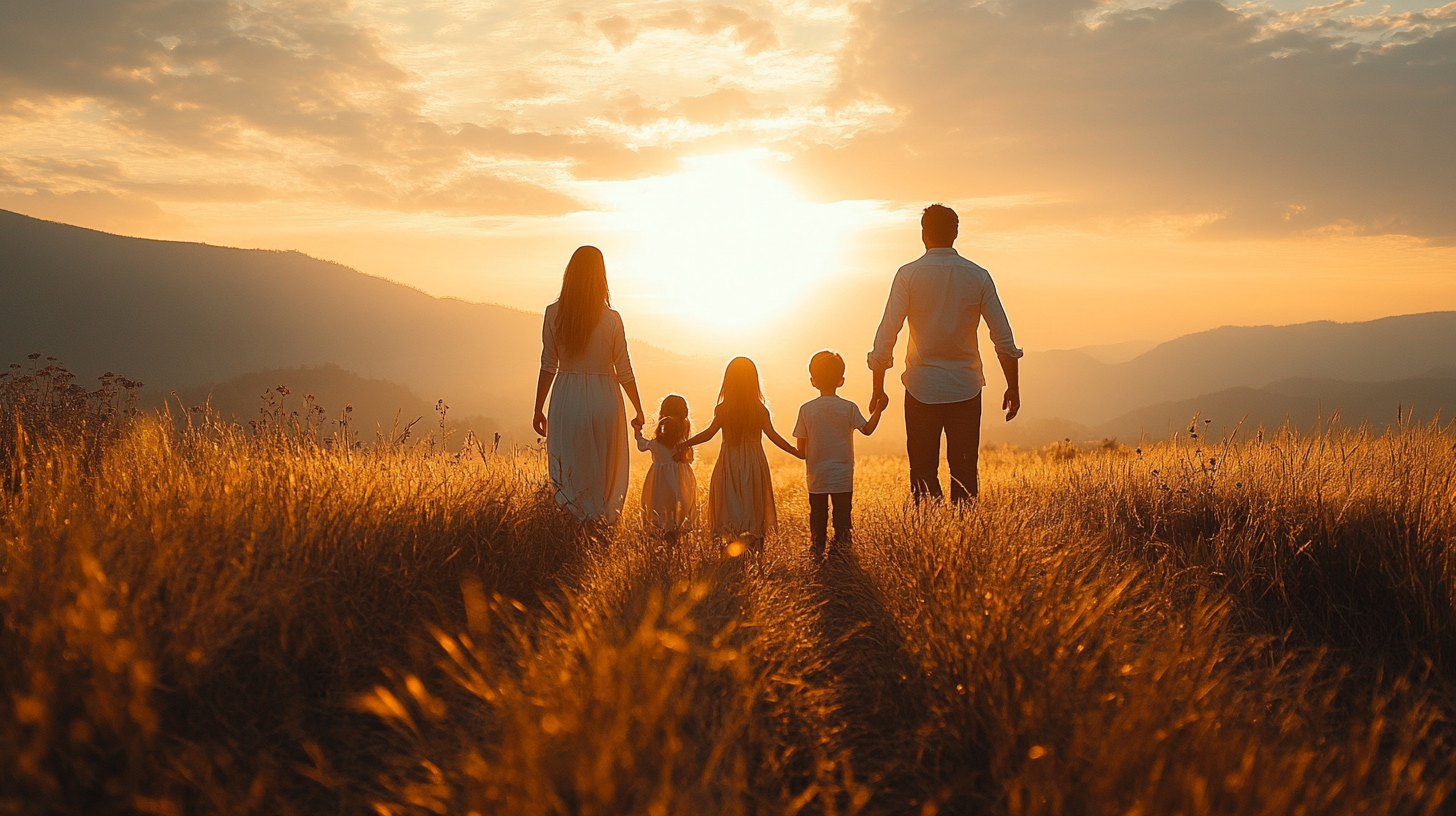 Happy family enjoying sunny day on hilltop.