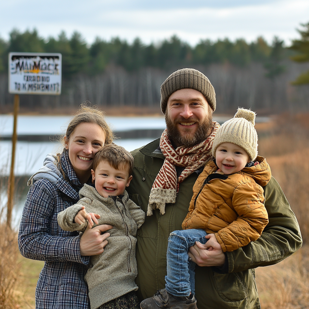 Happy family in Massachusetts with forest and lake.