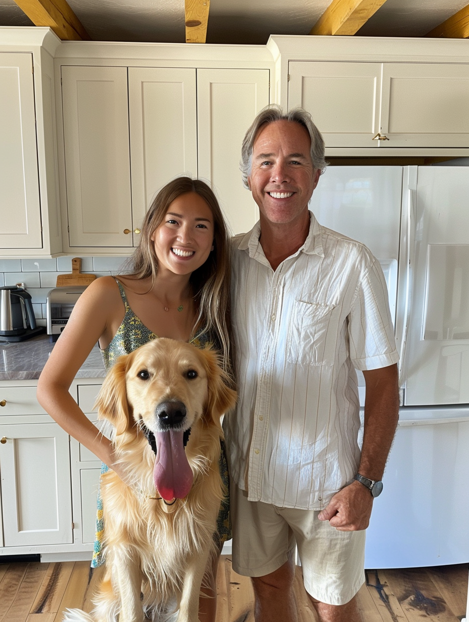 Happy family photo in kitchen with dog