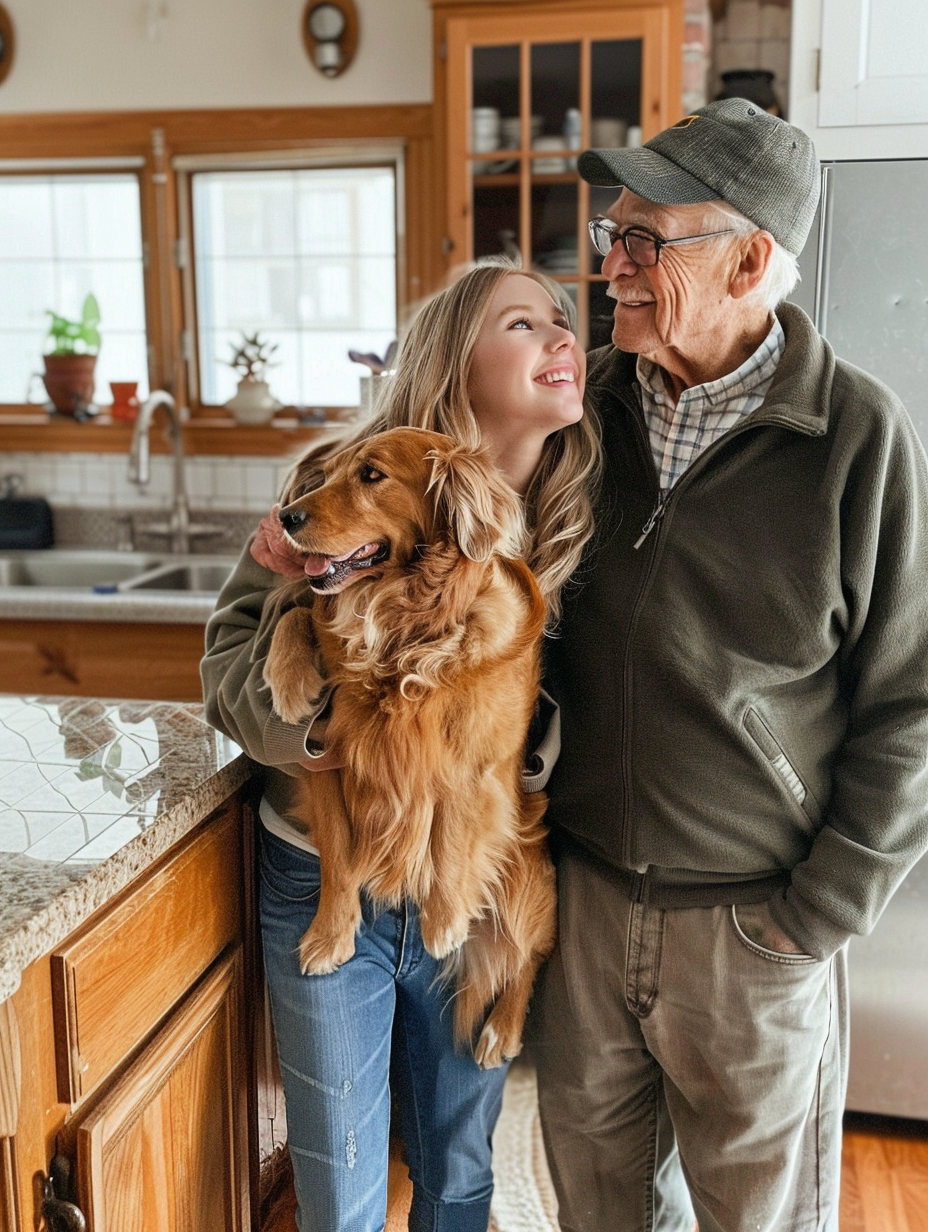 Happy family photo in kitchen with golden retriever