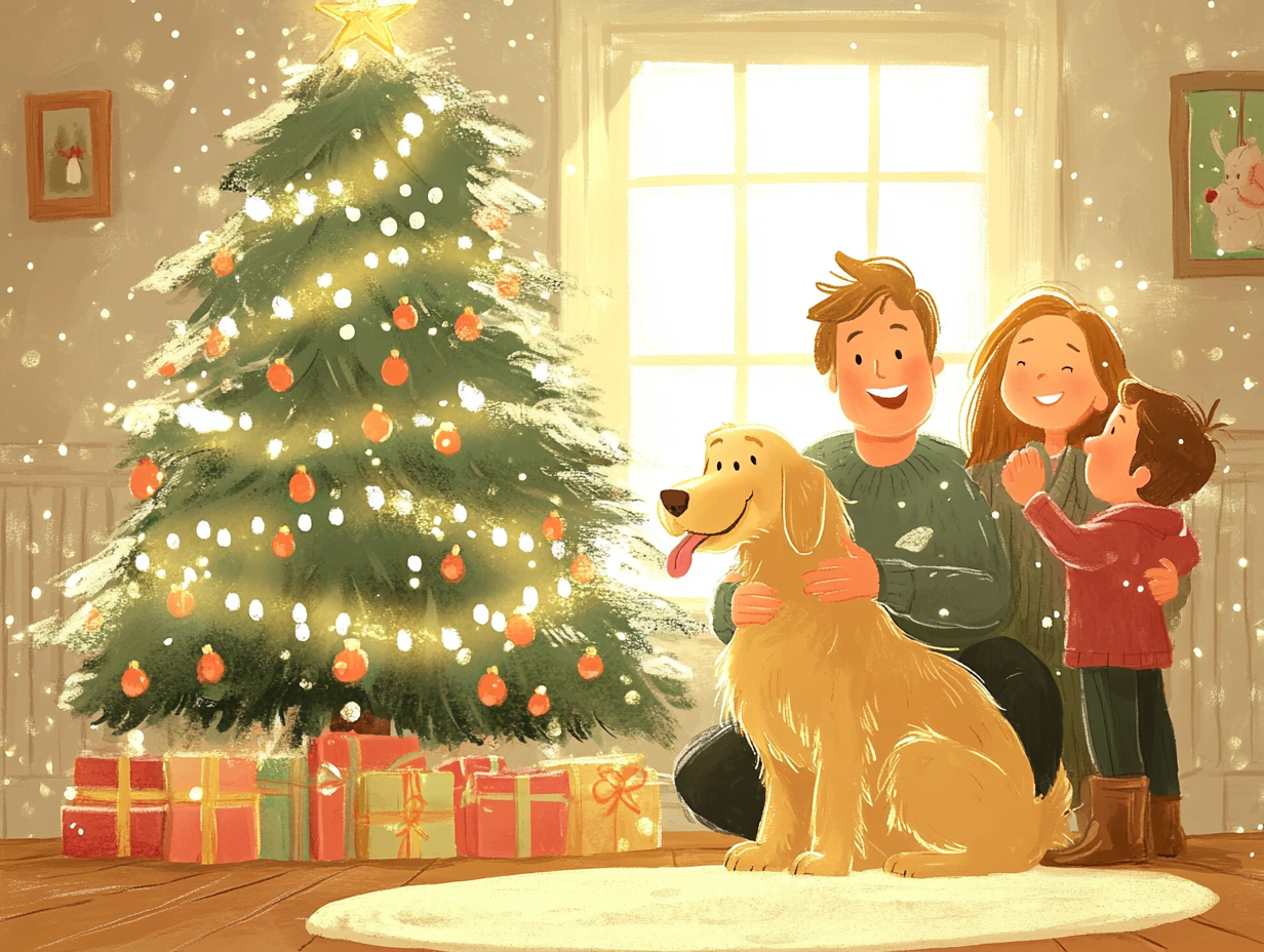 Happy family with Golden Retriever by Christmas tree.