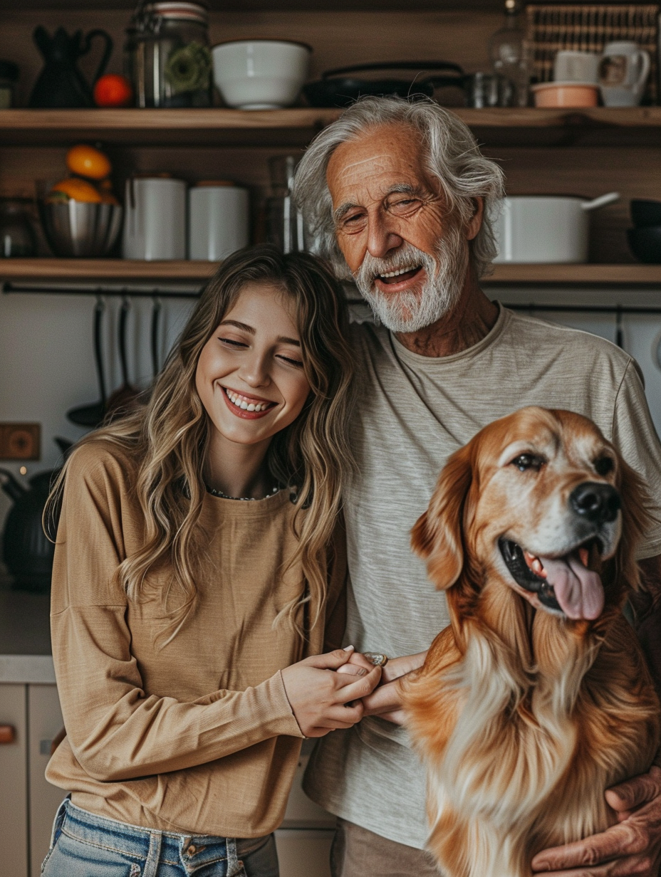 Happy family with girl and dog in kitchen.