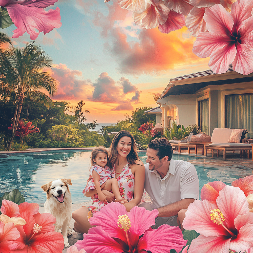 Happy family with pets at Hawaii hotel sunset