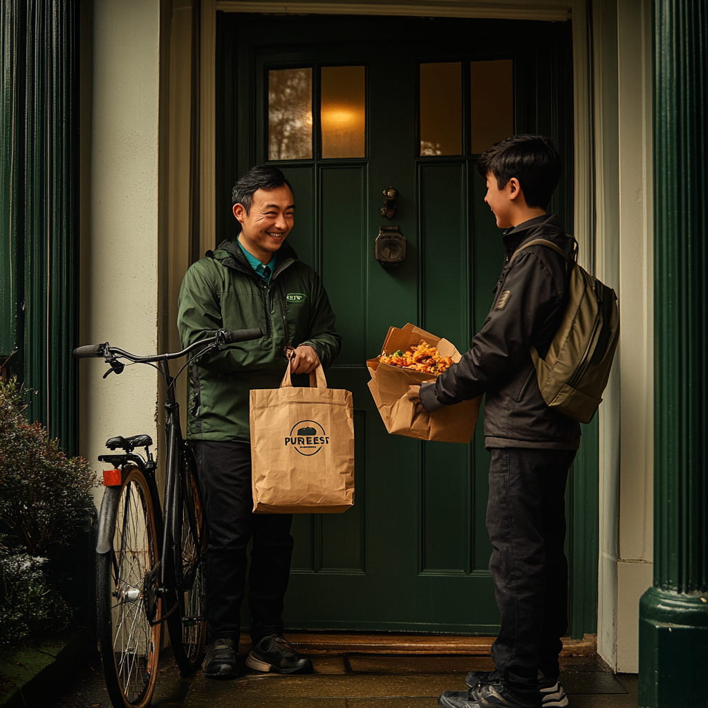 Happy father and son receive Uber Eats delivery.