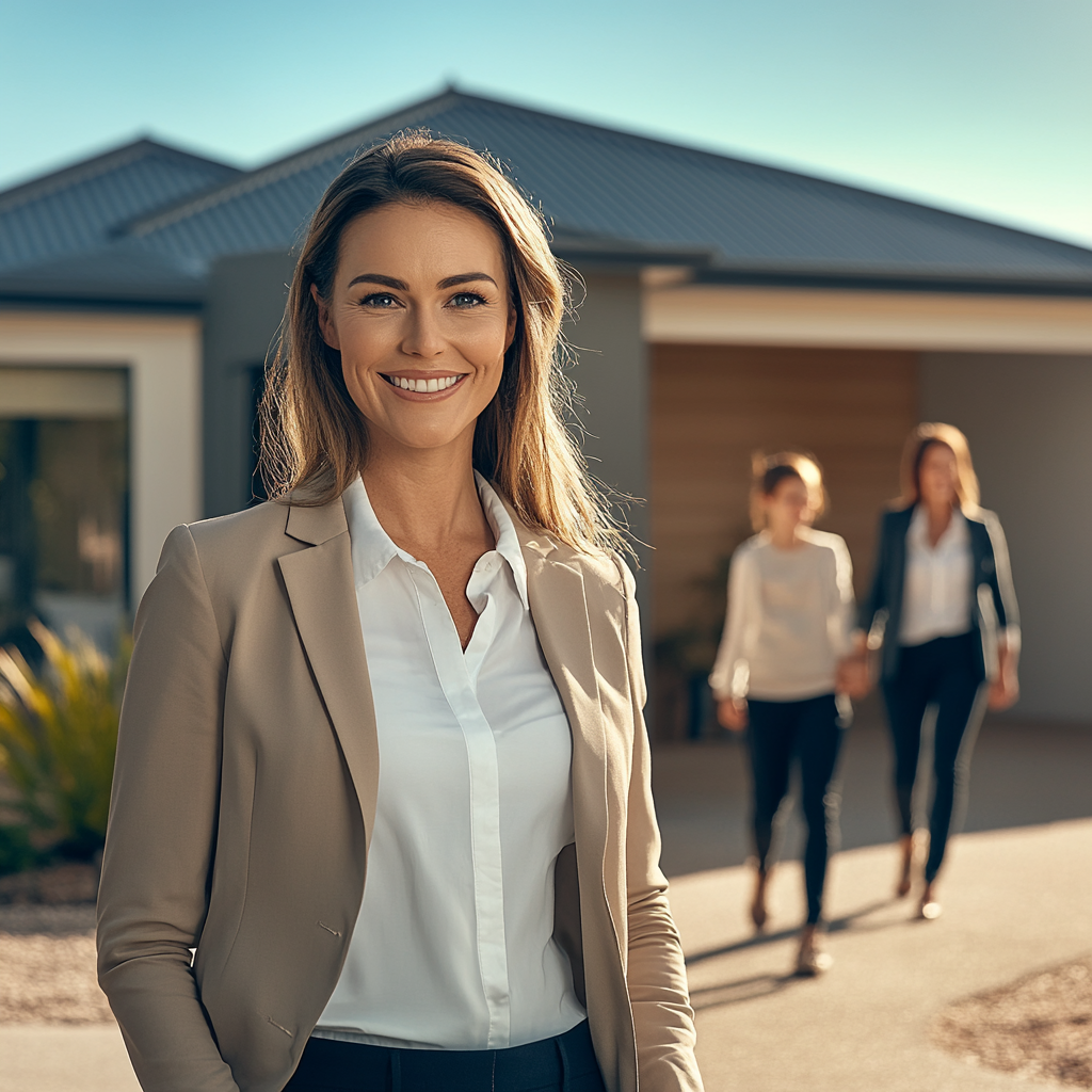 Happy female agent sells home to new family.