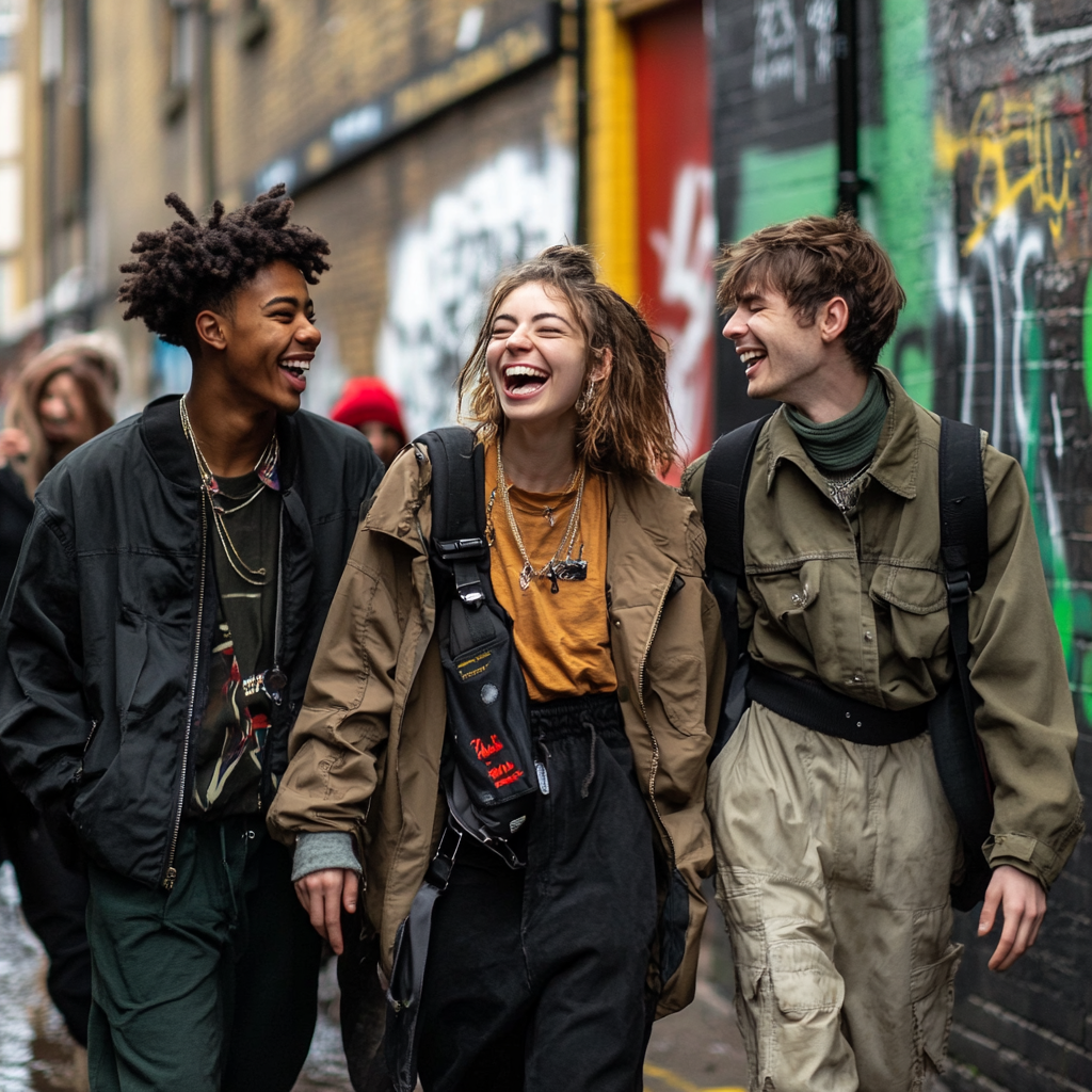 Happy gen z friends laughing in London district