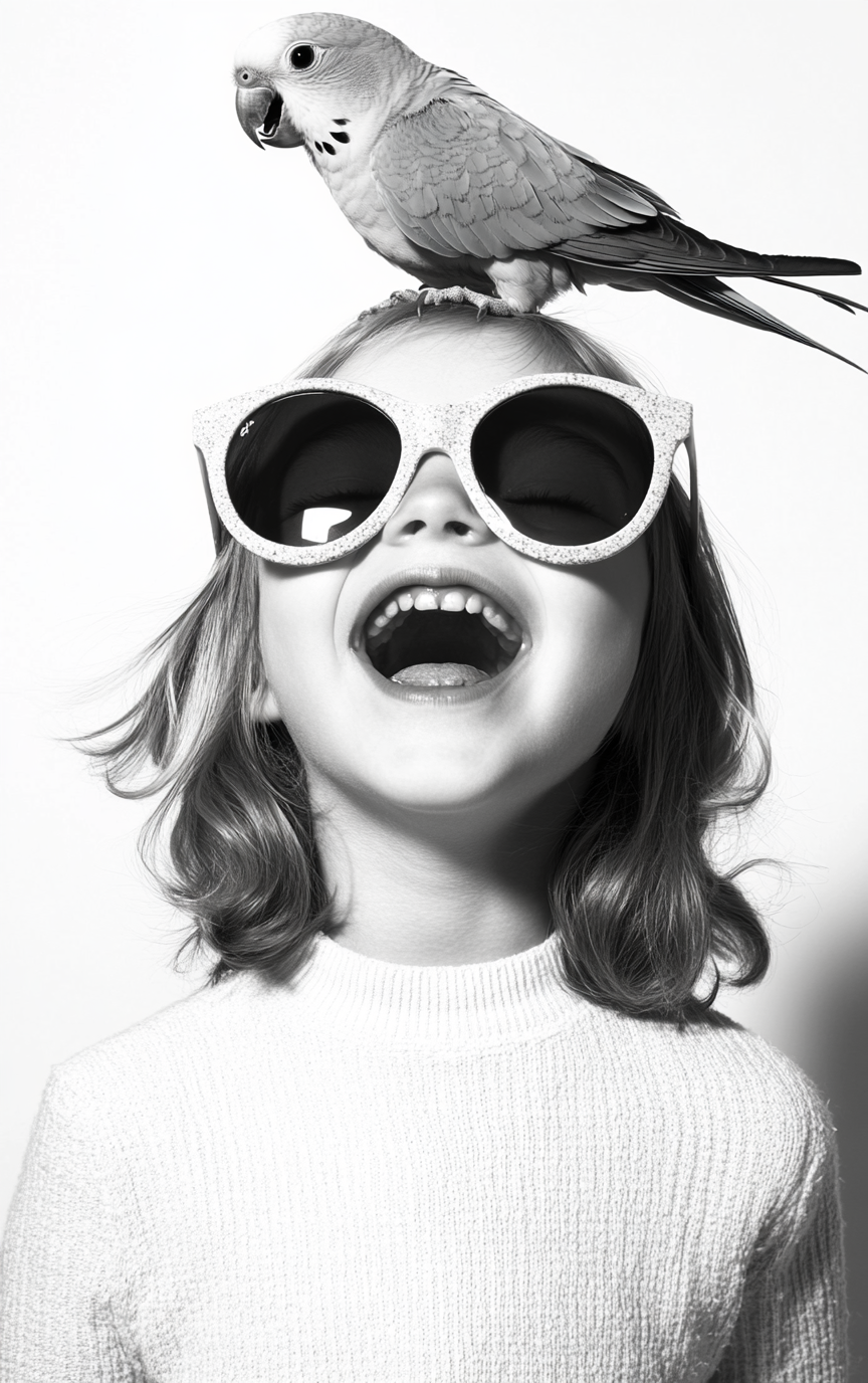 Happy girl in sunglasses with parakeet on head