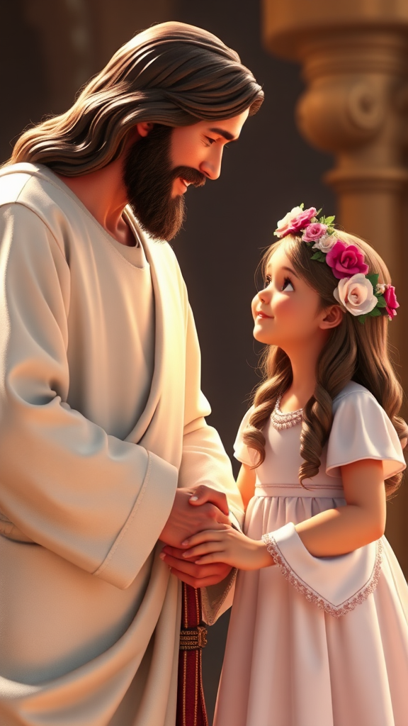 Happy girl talking with Jesus in Disney scene