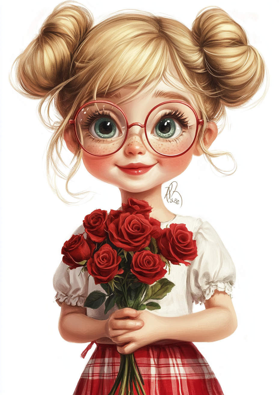 Happy girl with glasses and red roses illustration.