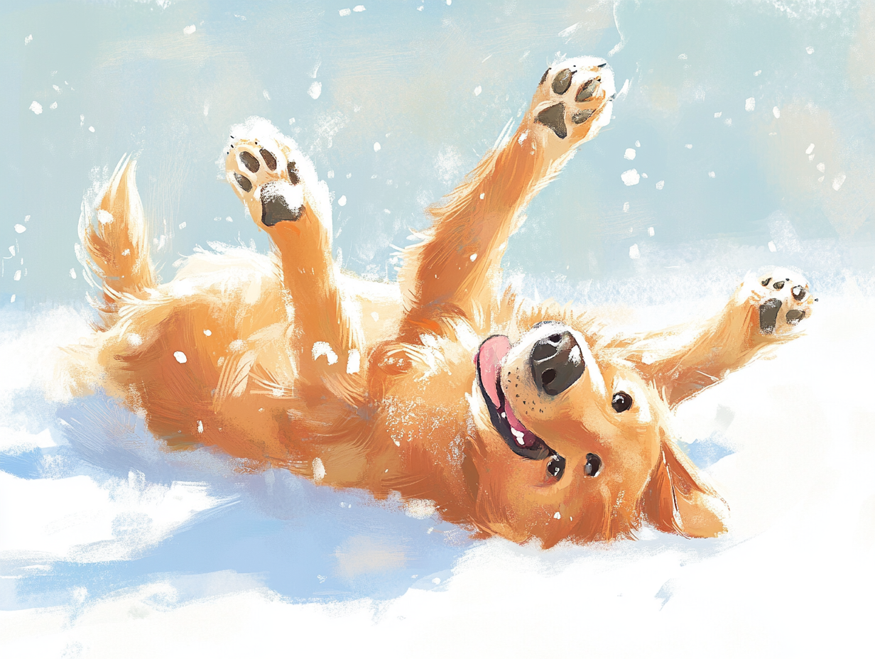 Happy golden retriever playing in snowy Christmas scene.