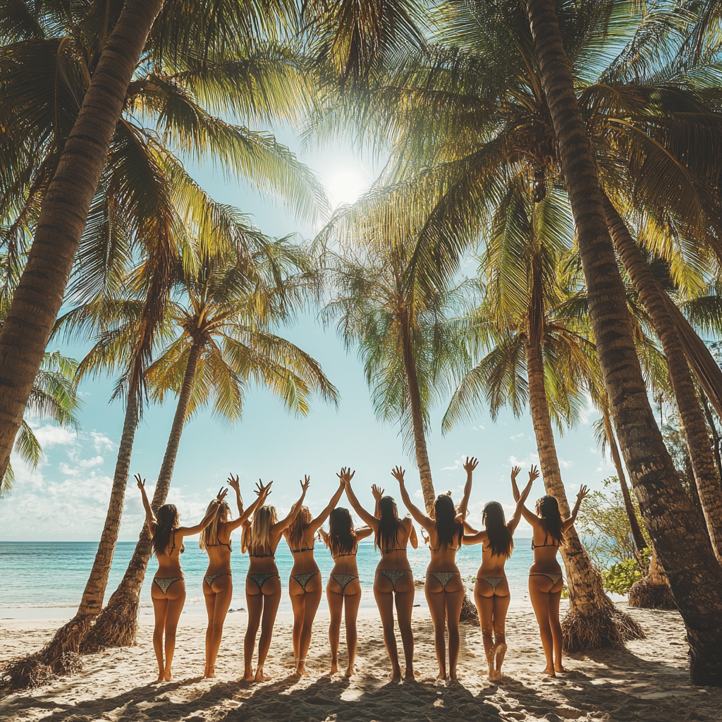 Happy group of Filipino women enjoying beach day.