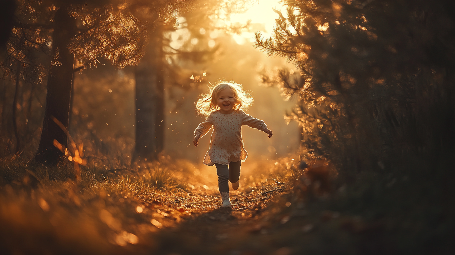 Happy kid girl playing in forest with pine trees.