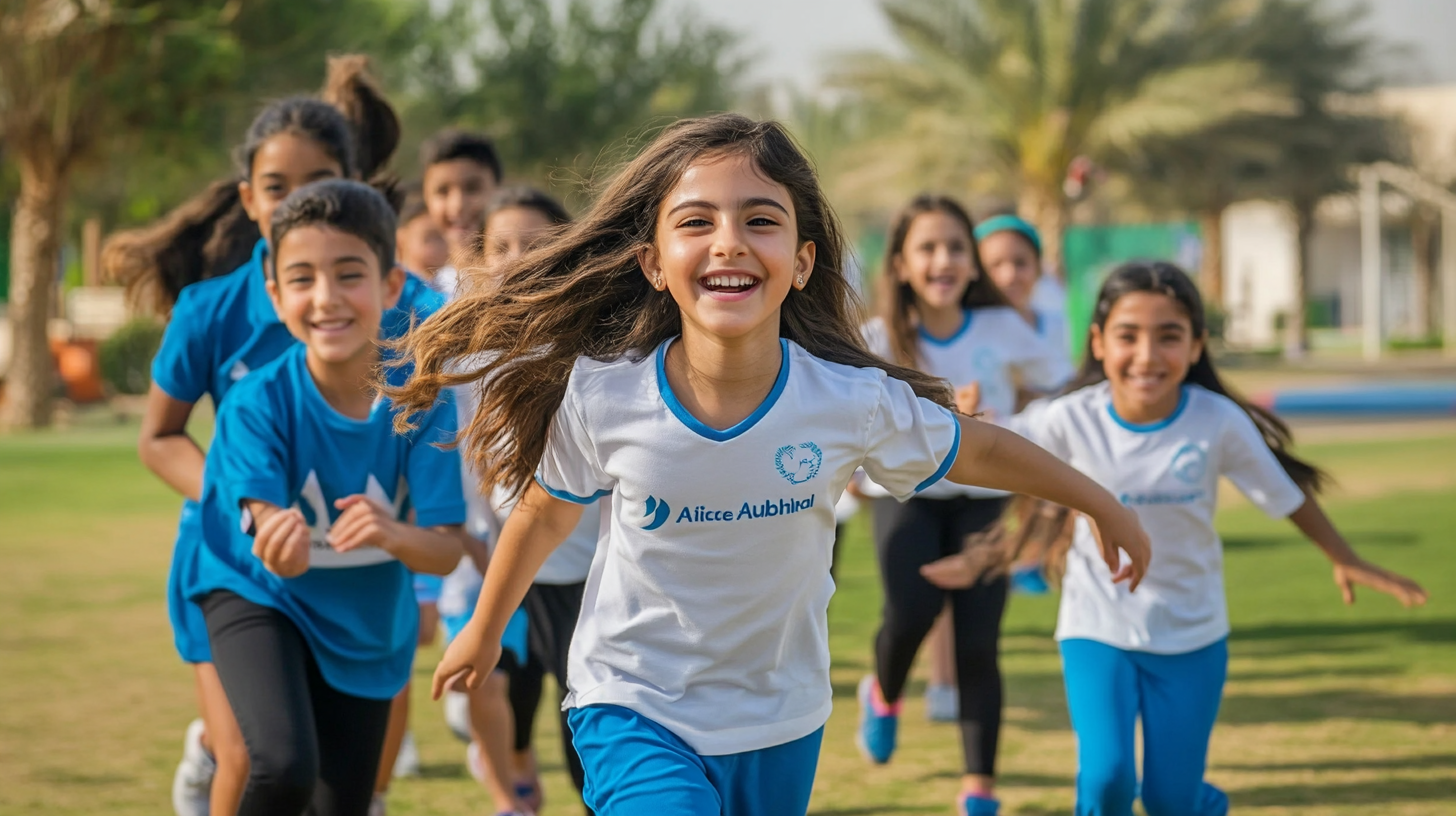 Happy kids and instructors at school fitness event.