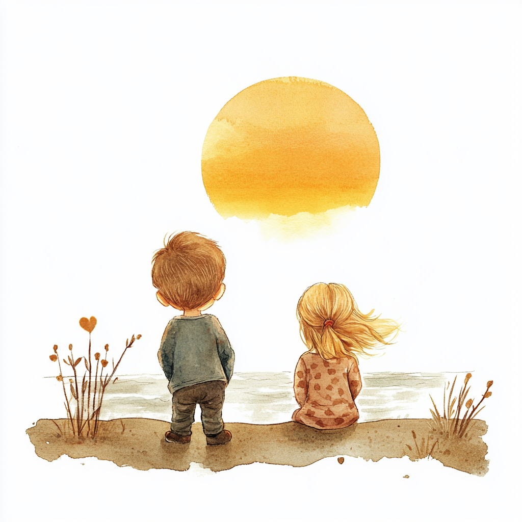 Happy kids watching sunset in minimalistic drawing style