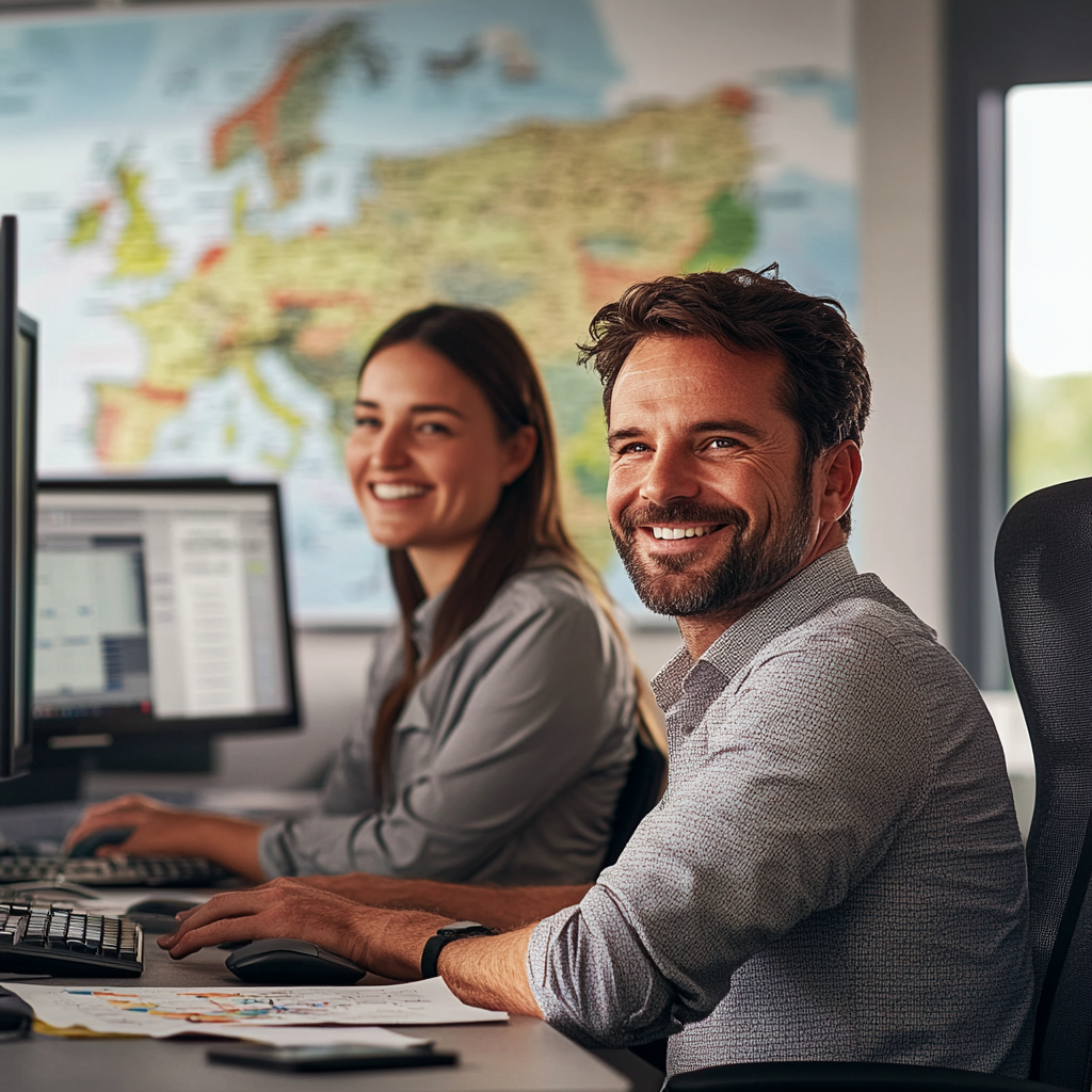 Happy logistics dispatchers working in modern office.