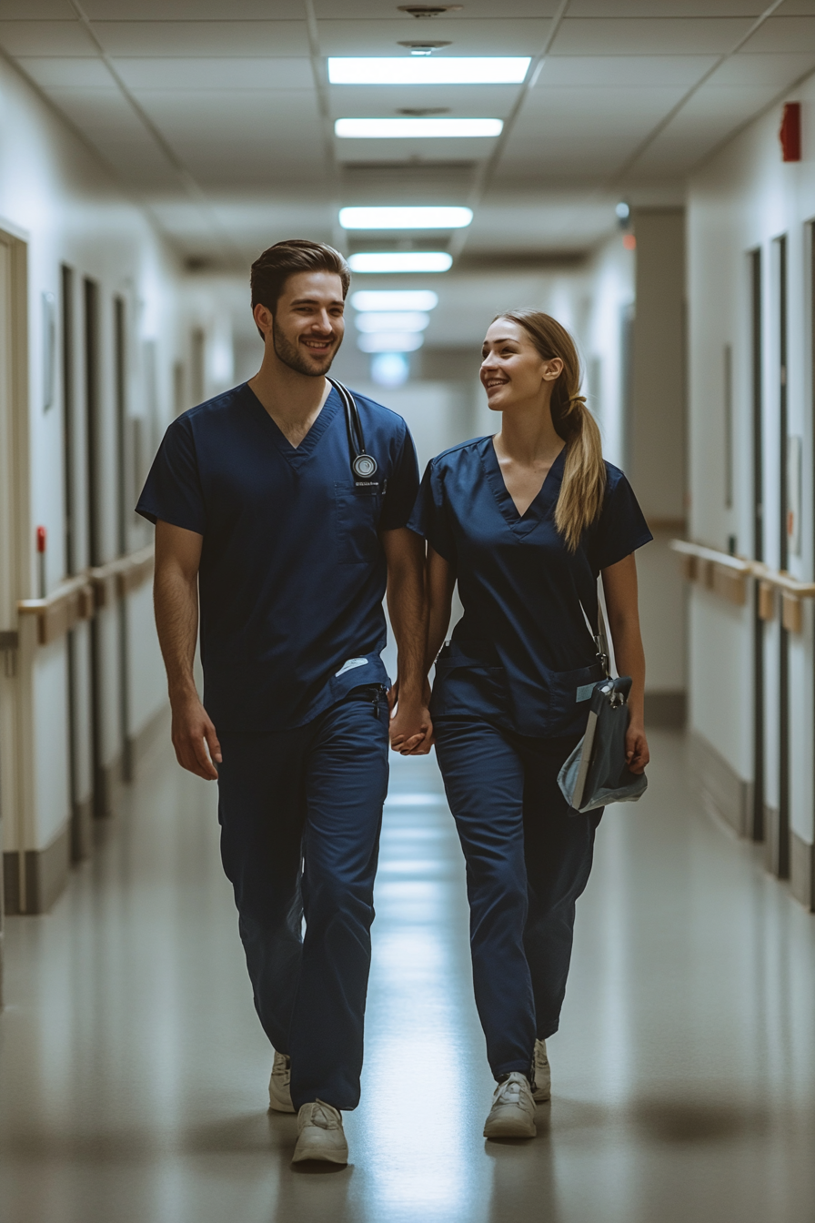 Happy male and female nurses in hospital corridor