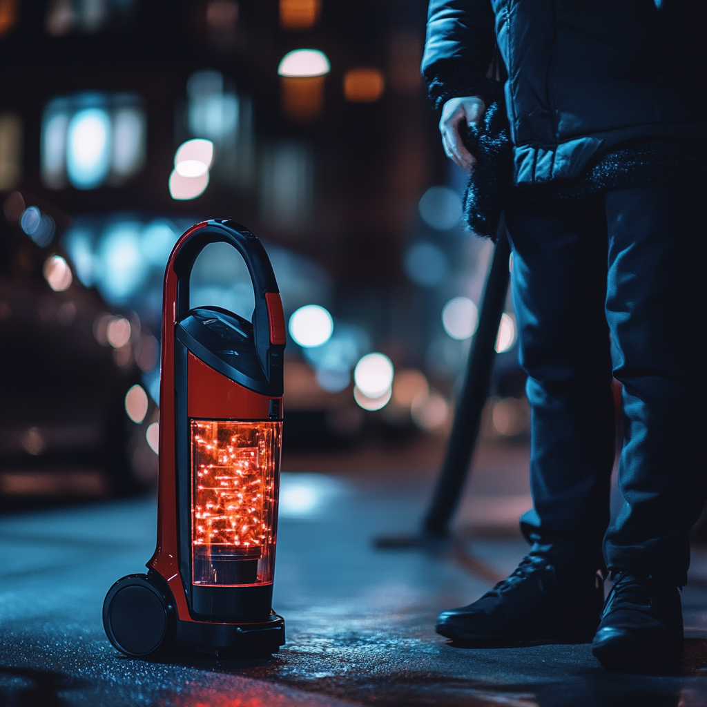 Happy man by car with red vacuum cleaner.