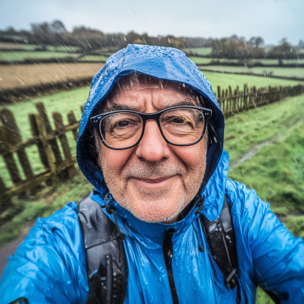 Happy man in raincoat in English countryside.