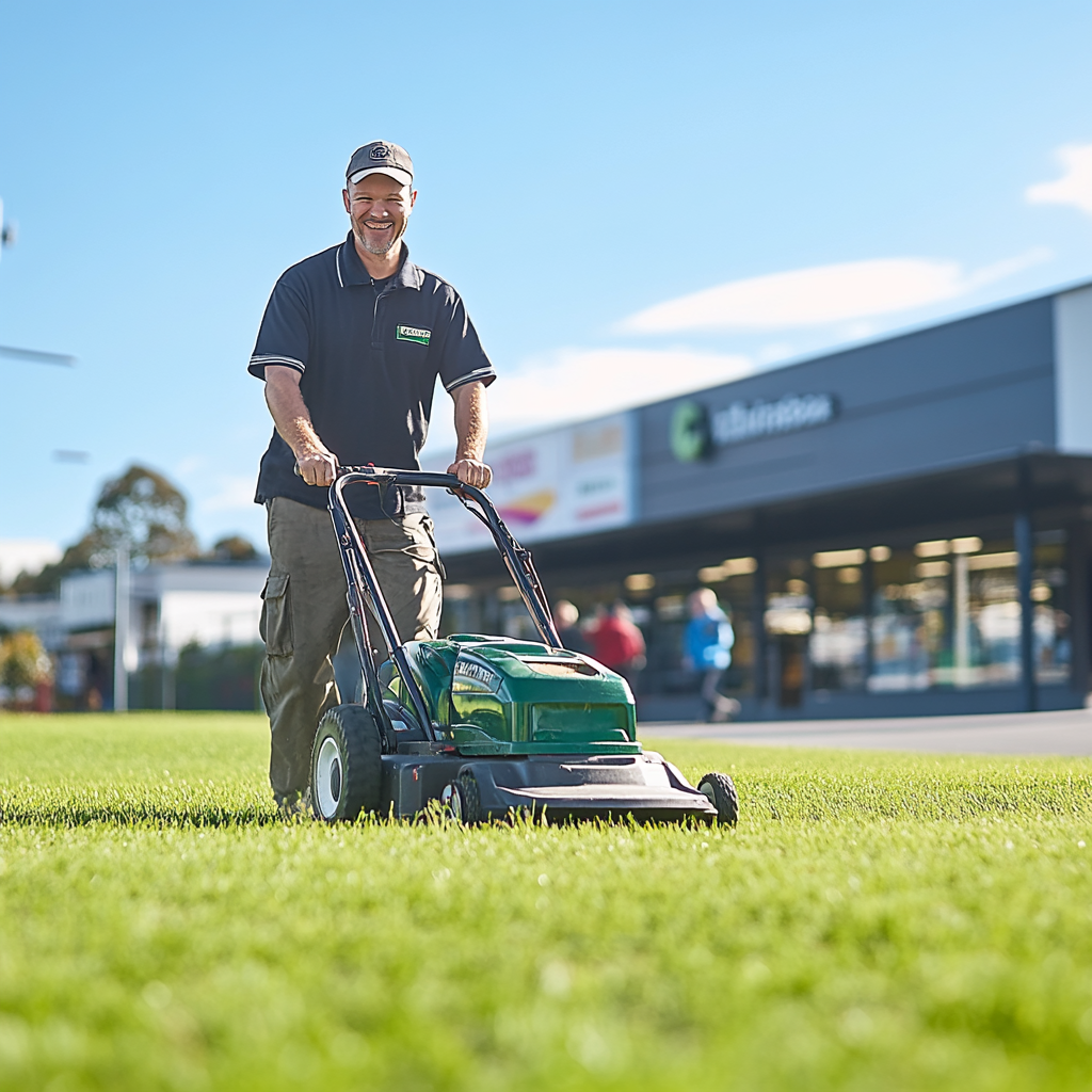 Happy man mowing lawn outside busy supermarket