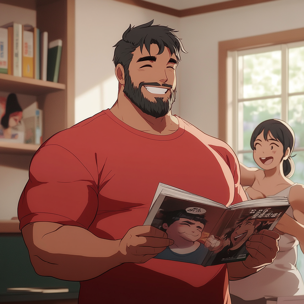 Happy man reading magazine with anime-style friends