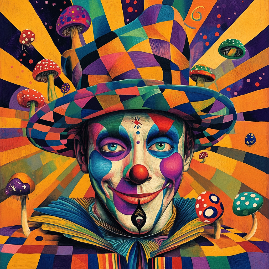 Happy mechanical jester face spins circles, geometric patterns colorful.