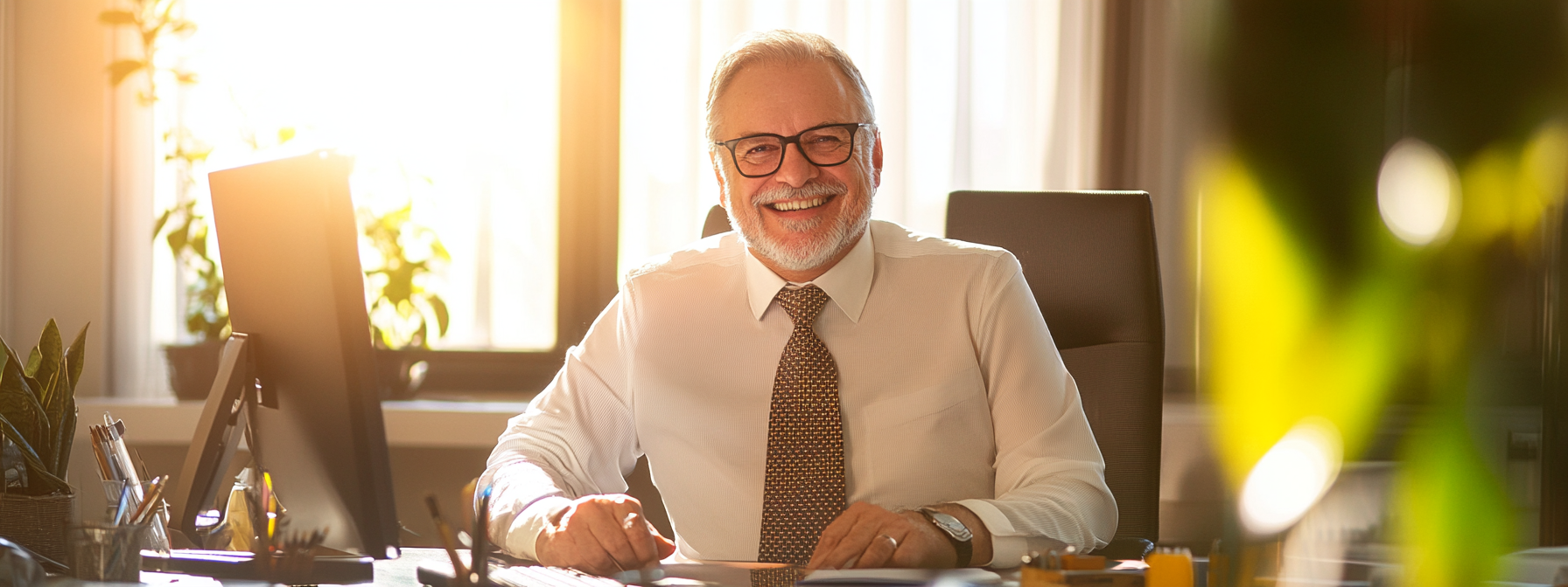 Happy middle-aged male boss in sunny office workspace.