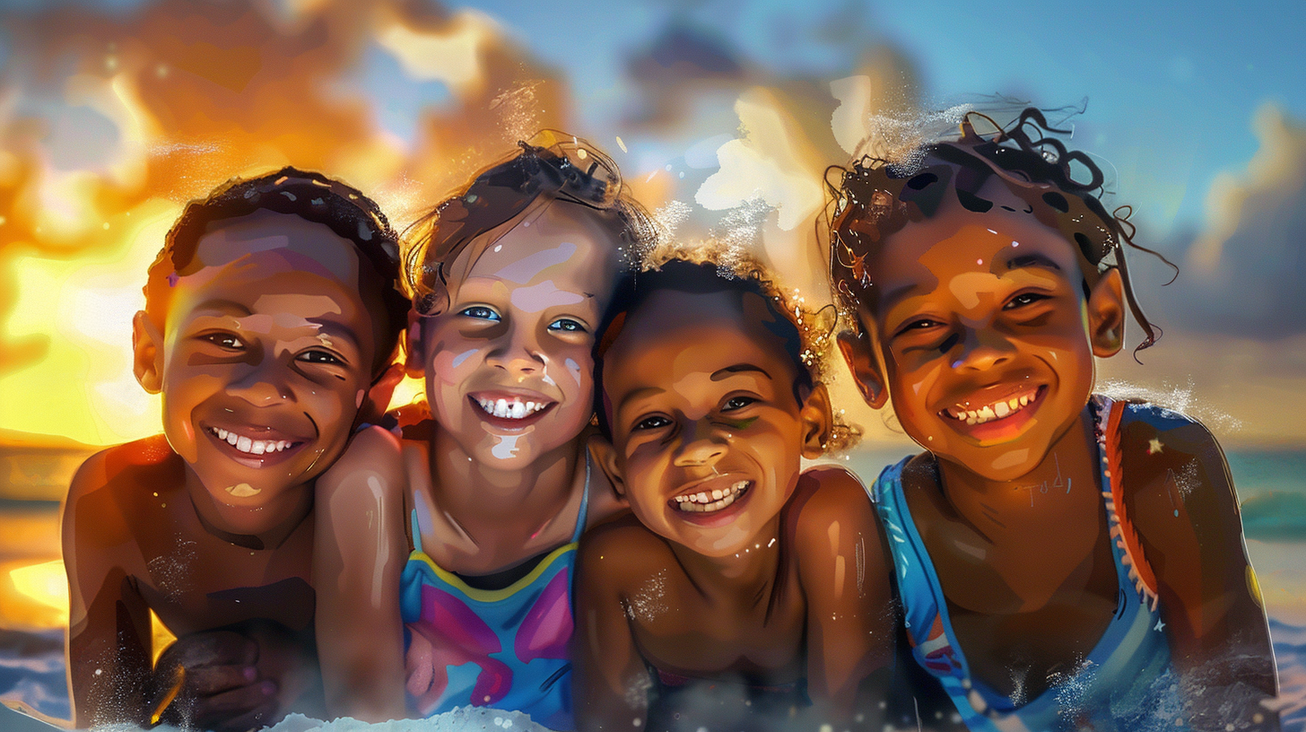 Happy multiracial children on beach at dusk, Bahamas resort.