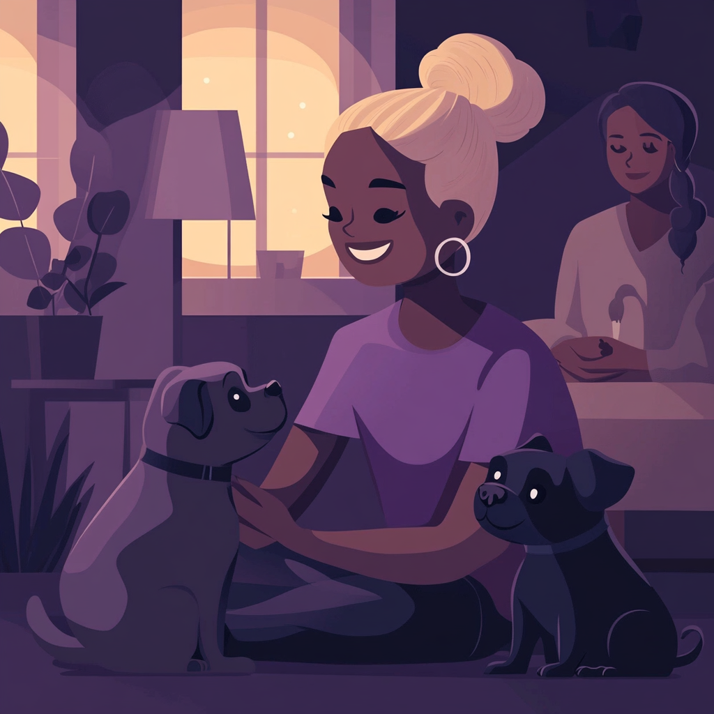 Happy non-binary individual playing with pugs in cozy setting.