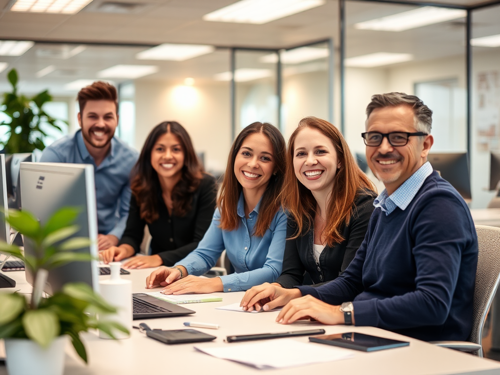 Happy office workers collaborate in teamwork setting.